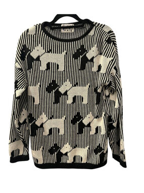 Vintage 80s DESIGN Scottie Dog Monotone Knit Sweater Small Geometric Pop Art